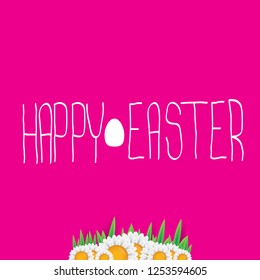 happy easter text lettering on pink background with spring flowers and grass. vector Happy Easter doodle typography background with greeting text and easter egg.