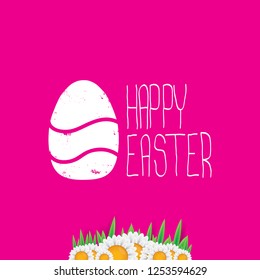 happy easter text lettering on pink background with spring flowers and grass. vector Happy Easter doodle typography background with greeting text and easter egg.