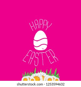 happy easter text lettering on pink background with spring flowers and grass. vector Happy Easter doodle typography background with greeting text and easter egg.