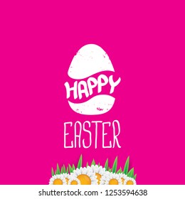 happy easter text lettering on pink background with spring flowers and grass. vector Happy Easter doodle typography background with greeting text and easter egg.