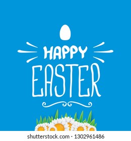 happy easter text lettering on blue background with spring flowers and grass. vector Happy Easter doodle typography background with greeting text and easter egg