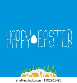 happy easter text lettering on blue background with spring flowers and grass. vector Happy Easter doodle typography background with greeting text and easter egg