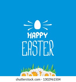 happy easter text lettering on blue background with spring flowers and grass. vector Happy Easter doodle typography background with greeting text and easter egg