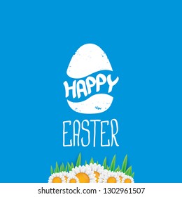 happy easter text lettering on blue background with spring flowers and grass. vector Happy Easter doodle typography background with greeting text and easter egg