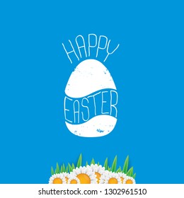 happy easter text lettering on blue background with spring flowers and grass. vector Happy Easter doodle typography background with greeting text and easter egg