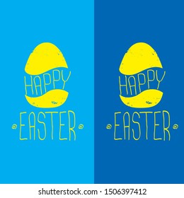 happy easter text lettering on blue background . vector Happy Easter doodle typography background with greeting text and easter egg