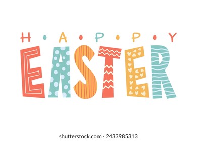 Feliz Pascua. Letras, palabras, inscripciones. Silueta de colores. Vista frontal horizontal. Ilustración dibujada a mano de gráfico plano simple del vector. Objeto aislado sobre fondo blanco. Aislar.