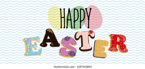 
Happy Easter text. Letters from cookies with icing and chocolate. Letters-muffins with cream. Background horizontal zigzag gently blue.