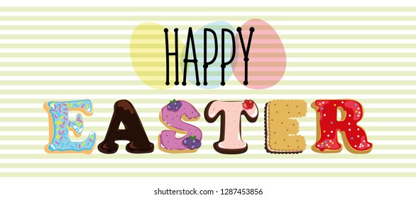 Happy Easter text. Letters from cookies with icing and chocolate. Letters-muffins with cream. The background is horizontal stripes gently green.

