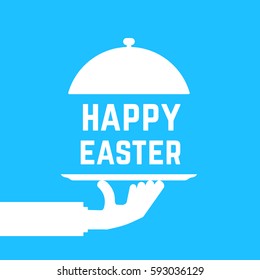 happy easter text like white serving hand. concept of caterer dish, traditional, cafe maintenance, service staff. flat style trend logotype graphic art design element isolated on blue background