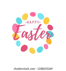 Happy Easter text as logotype with eggs background