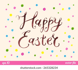 Happy Easter text message. Confetti pattern, border frame. Watercolor. Web and mobile interface template, poster, postcard. Pastel beige pink brown blue green yellow colors.