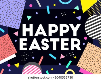 	
Happy Easter. Text message. Holiday banner. Memphis pattern. Retro, vintage 80s, 90s style. Vector artwork. Pink, purple, beige, yellow, blue, violet, black, white colors. Print, poster