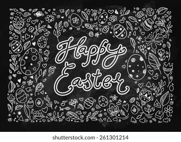 Happy Easter. Text message. Pattern, easter eggs. Chalkboard isolated texture background. Hand drawn vector illustration. Kids beautiful drawing. Web and mobile interface template. Black and white,