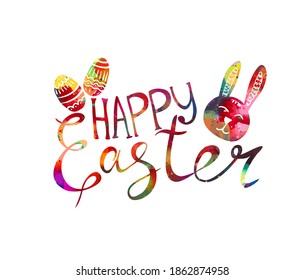 Happy Easter text. Multi-colored postcard. Mixed media. Vector illustration