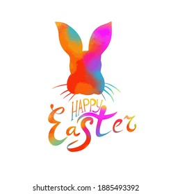 Happy Easter text. Multi-colored postcard with rabbit. Mixed media. Vector illustration
