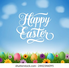 Happy Easter Text And Nature Background With Gradient Mesh, Vector Illustration