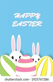 Happy Easter text on blue background.Cute bunny with sweet color egg vector for card Easter day concept.