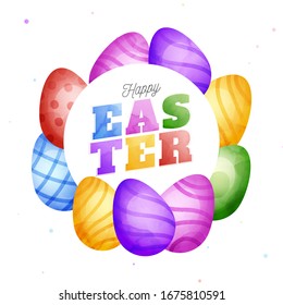 Happy Easter Text on Circular Shape Decorated with Watercolor Effect Eggs.