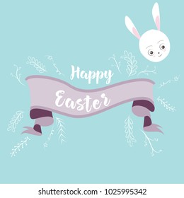 Happy Easter text on ribbon with doodle floral branches and Cute bunny on blue background. Ideal for holiday, greeting, card, message, print, poster, cover, banner.