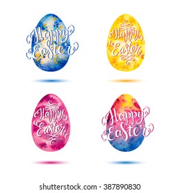 Happy Easter text on a watercolor egg, vector lettering for greeting card or invitation. 
