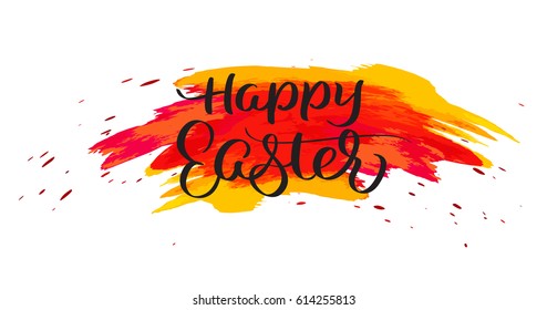 Happy Easter text on watercolor red blots. Hand drawn Calligraphy lettering Vector illustration EPS10