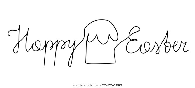 Happy Easter text in one continuous line style with panettone cake. Vector holiday illustration