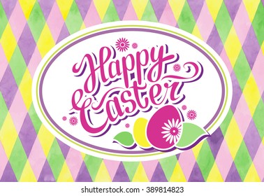 Happy Easter text in an oval on the background of geometric shapes. Lettering Happy Easter