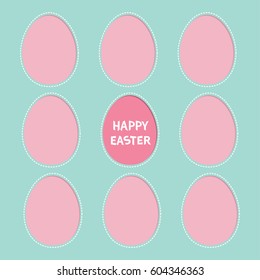Happy Easter text. Painted egg frame set Window template. Dash line contour. Greeting card. Blue pastel color background. Flat design. Vector illustration