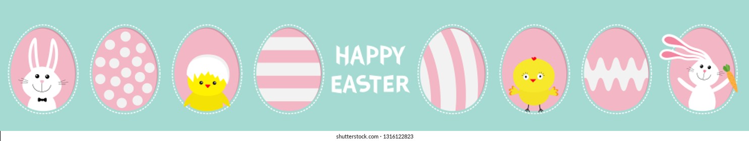 Happy Easter text. Painted pattern egg frame set line. Bunny rabbit hare holding carrot. Chicken bird with shell. Dash line contour. Greeting card. Blue pastel color background. Flat design. Vector