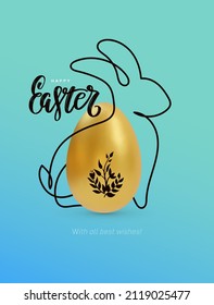 Happy Easter text as Pascha logotype, badge and icon. Drawn Happy Easter greeting card, poster, holiday cover, web banner template lettering typography. Happy Easter, bunnie, flowers and gold egg.