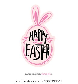 Happy easter text in pink egg shape with cute bunny ears on white background - illustration vector
