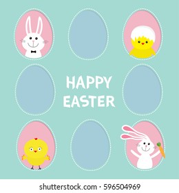 Happy Easter text. Pink painted egg frame set Bunny rabbit hare holding carrot. Chicken bird with shell. Dash line contour. Greeting card. Blue pastel color background. Flat design Vector illustration