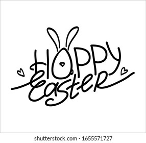 Happy easter. Text for postcards, line art. Design for holiday greeting card and invitation of the happy Easter day. Cute bunny in the shape of an easter egg. 