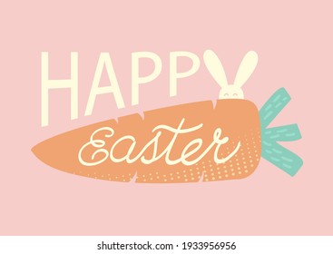 Feliz texto de Pascua con conejo y zanahoria. Felices letras caligráficas de Pascua. Ilustración de color de la tarjeta de felicitación de vectores