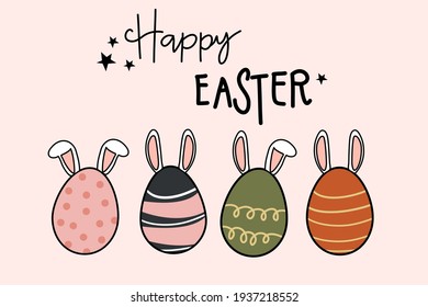 Happy Easter text with rabbit ears and Easter eggs illustration banner