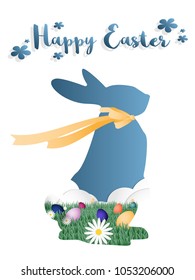 Happy Easter text with rainbow egg on grass with butterfly and white flower on rabbit silhouette with yellow ribbons on white background. Digital craft design in paper art style. Vector illustration.