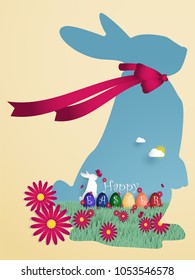 Happy Easter text with rainbow egg and rabbit on grass with butterfly and flowers on rabbit silhouette with pink ribbons. Digital craft design in paper art style. Vector illustration.