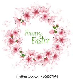 Happy Easter text in round frame of sakura blossom wreath vector greeting card. Japanese cherry flower and pink petals ring, circle border graphic design. Congratulations banner layout with garland.