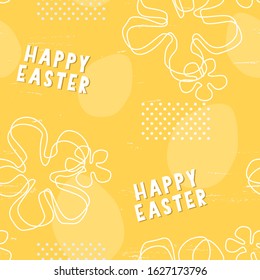 Happy Easter text seamless pattern for poster or banner background. Floral repeating design for christian springtime holiday with yellow egg and flower clipart.