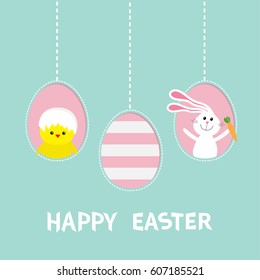Happy Easter text. Three hanging painted eggs. Rabbit with carrot, chick. Dash line. Greeting card. Flat design style. Cute decoration element. pastel color background. Vector illustration