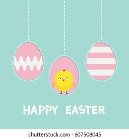 Happy Easter text. Three painting egg. Hanging painted egg shell set. Chicken baby bird. Dash line. Greeting card. Flat design style. Cute decoration element. Vector illustration