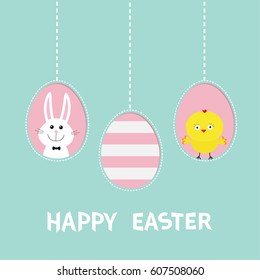Happy Easter text. Three painting egg shell. Hanging painted egg set. Chicken bird, rabbit hare. Dash line. Greeting card. Flat design style. Cute decoration element. Vector illustration