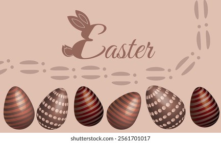 Happy Easter, text, vector, banner. Greeting card with coffee and chocolate eggs, rabbit paw prints, bunny ears, tail. Vector illustration Easter greeting card