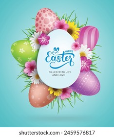 Happy easter text vector design. Happy easter greeting card with colorful printed eggs and egg shell space for typography season greeting concept. Vector illustration easter invitation card design. 
