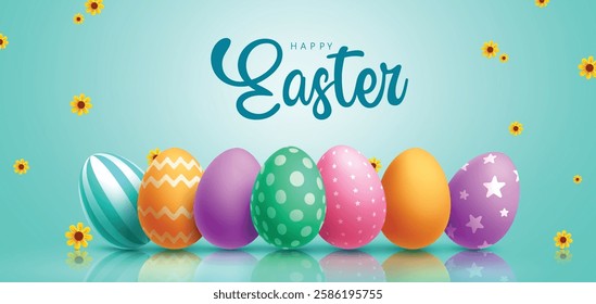 Happy easter text vector design. Easter greeting card with colorful and pattern eggs for spring holiday season background. Vector Illustration. 
