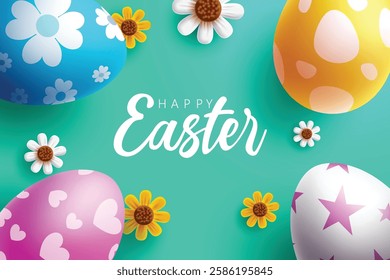 Happy easter text vector design. Easter happy typography in empty space with pattern and colorful eggs for kids egg hunts celebration background. Vector Illustration.
