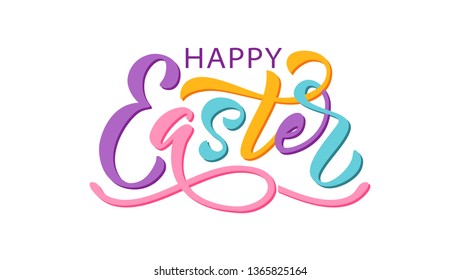 Happy Easter text. Vector illustration isolated on white background. Hand drawn text for Easter greeting card. Hand drawn Typography design for Resurrection Sunday day print banner poster