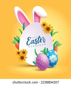 Happy easter text vector template design. Easter egg hunt holiday and kids party celebration with bunny ears and pattern eggs in yellow background. Vector Illustration.
