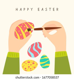 Happy Easter theme. Female hands decorate eggs. Holiday illustration in flat cartoon style can be used for greeting cards, posters, banners. A happy woman coloring Easter eggs with a paint brush.